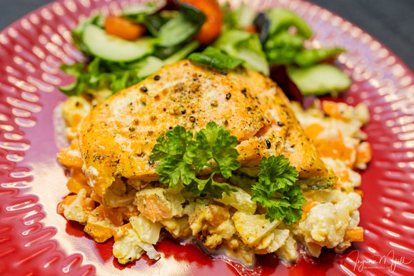 Lax með blómkálsgratín!