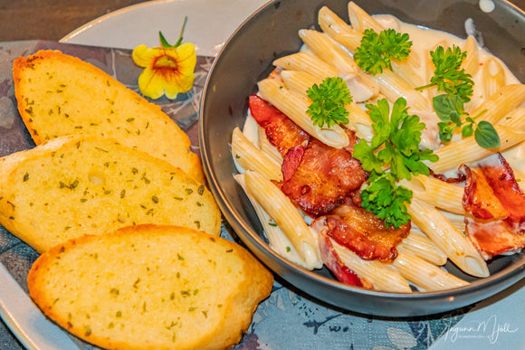 Penne pasta í carbonara